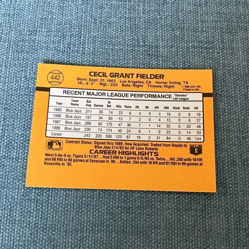 1989 Donruss Toronto Blue Jays Baseball Card Trading Card